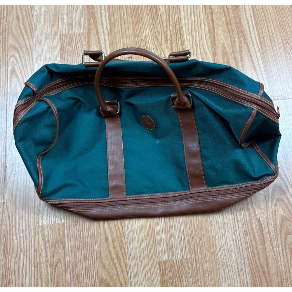 Polo Ralph Lauren Vintage Duffle Bag Green Canvas Brown Trim Weekend Travel Bag